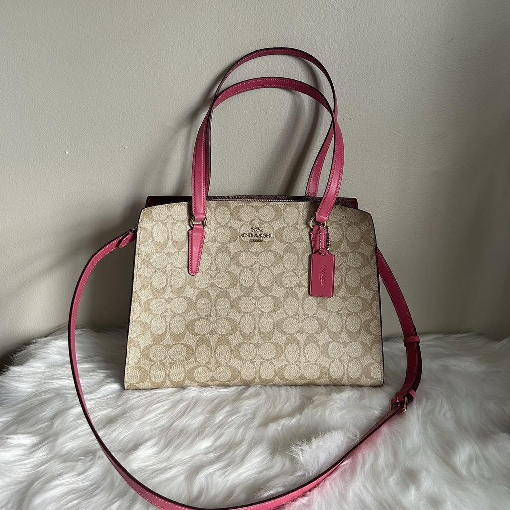 Coach Tatum Carryall 28 Khaki Pink Signature Canvas Leather Bag Excellent1