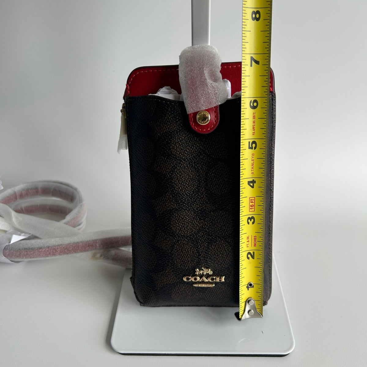Coach North South Phone Crossbody Walnut Red Signature Canvas C68847