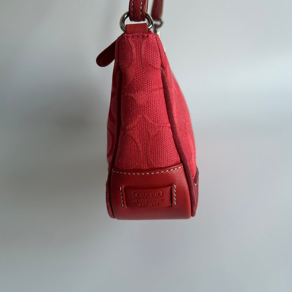 Coach Signature Jacquard Mini Demi Pouch Shoulder Bag Red Canvas Suede Trim 60944
