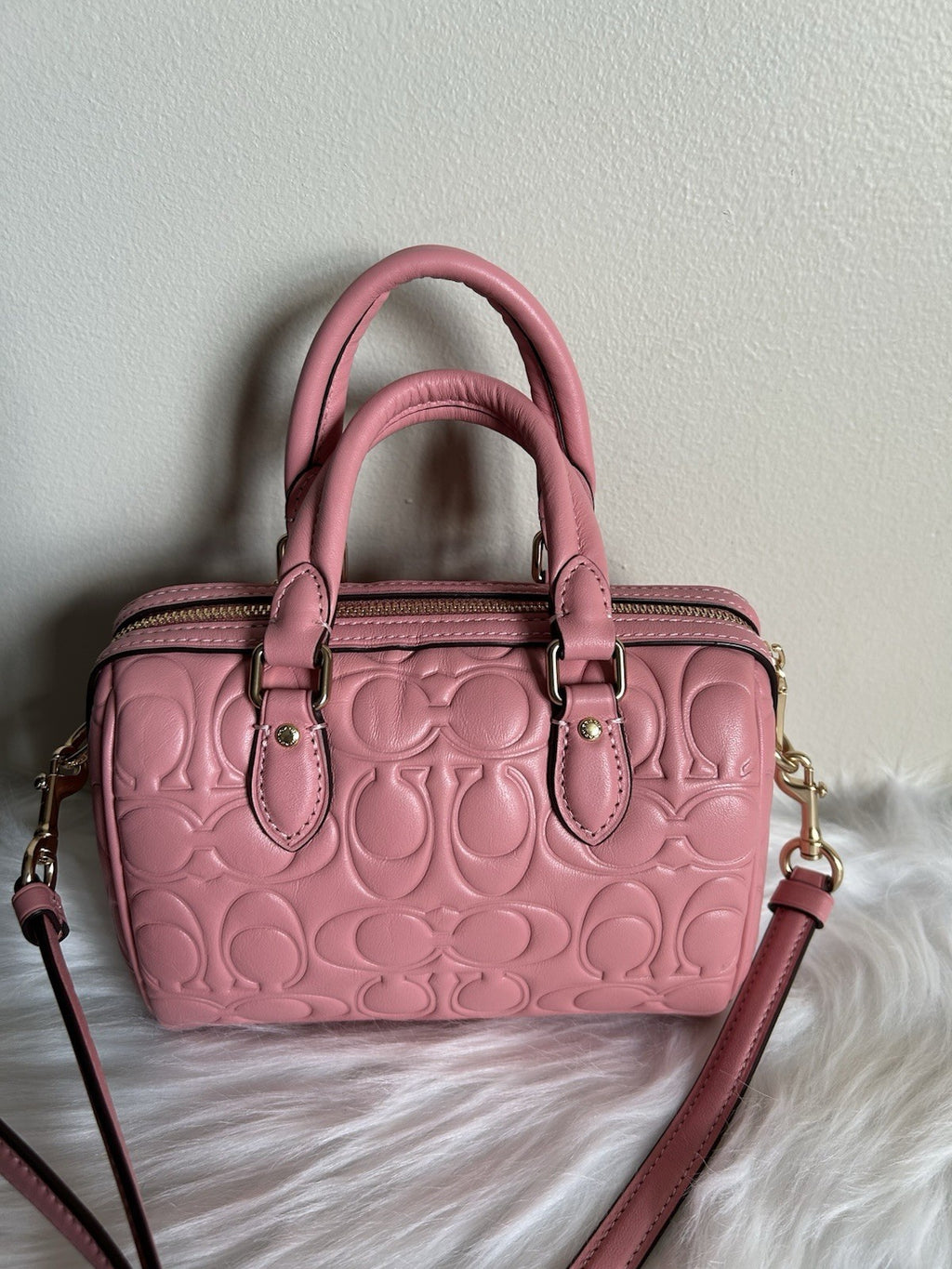 Coach Mini Rowan Light Blush Signature Embossed Leather Satchel NWT1