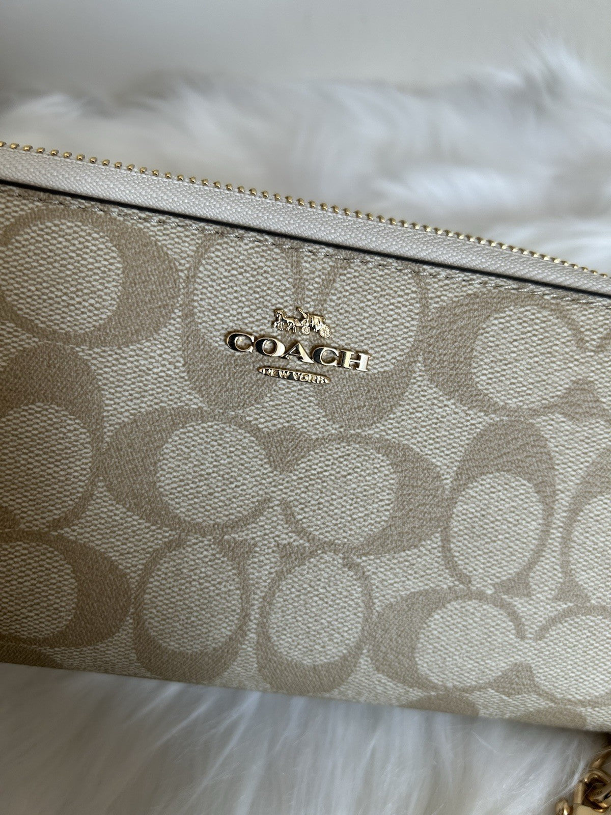 Coach Signature Long Zip Around Wallet Light Khaki Chalk Canvas Leather NEW5