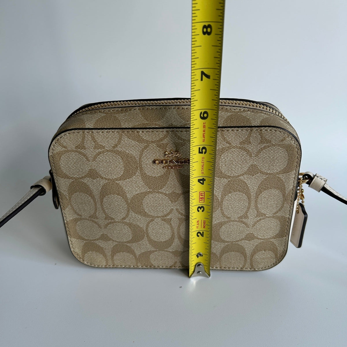 Coach Mini Camera Bag Light Khaki Chalk Canvas Leather Crossbody Excellent8