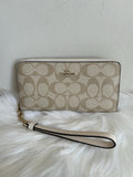 Coach Signature Long Zip Around Wallet Light Khaki Chalk Canvas Leather NEW0