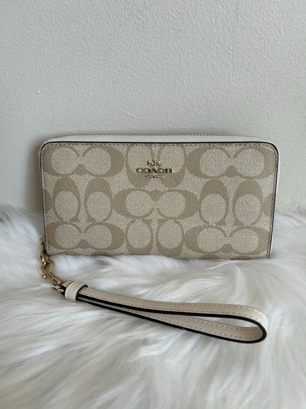 Coach Signature Long Zip Around Wallet Light Khaki Chalk Canvas Leather NEW0