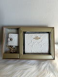 Coach Signature Leather Snap Wallet Keychain Set Chalk White NEW0