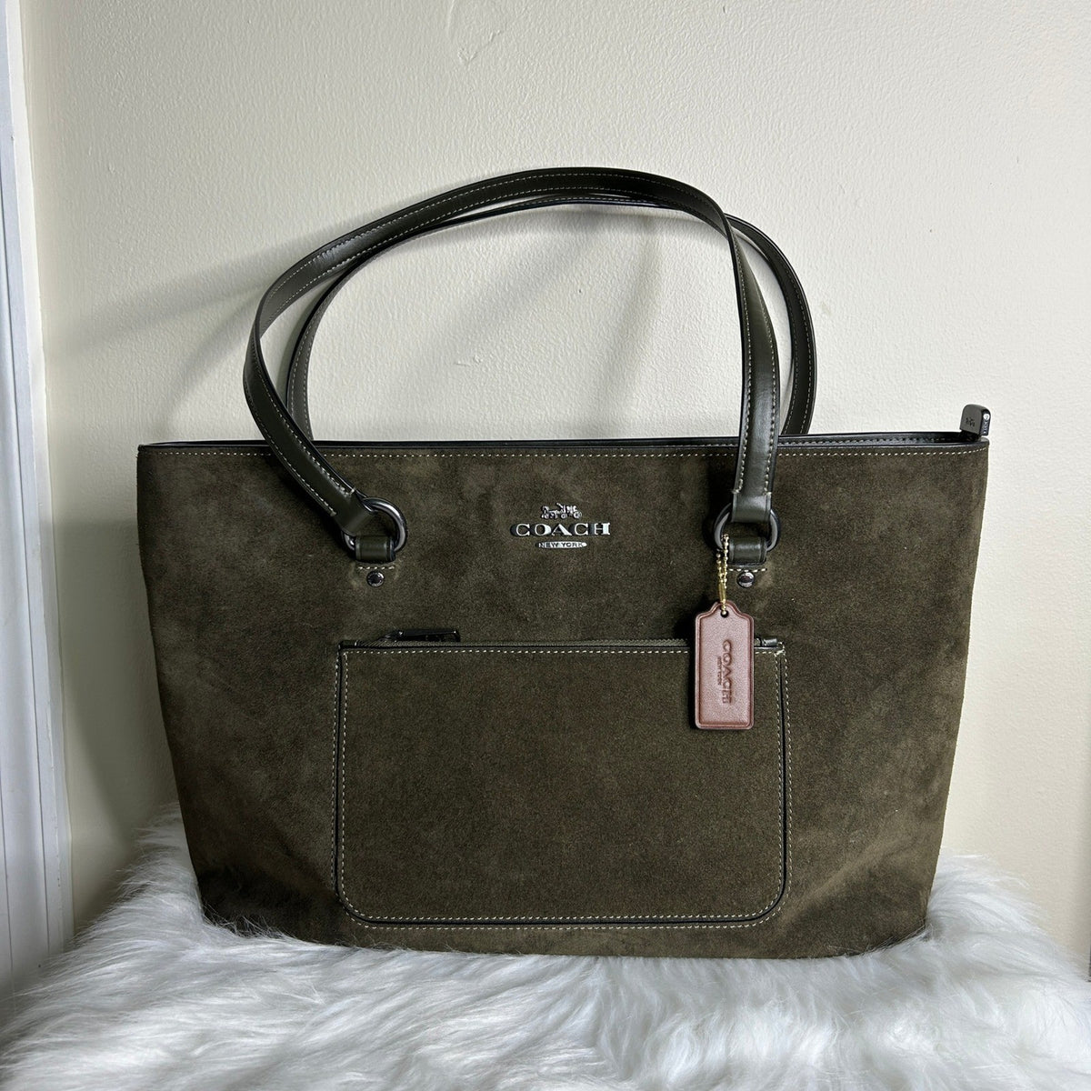 Coach Station Tote CCC77 Olive Green Suede Leather Shoulder Bag Good0