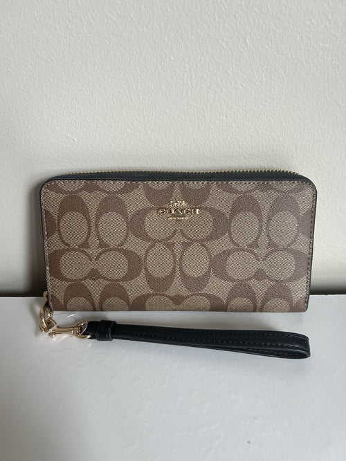 Coach Accordion Zip Wallet Khaki Black Signature Canvas NEW0