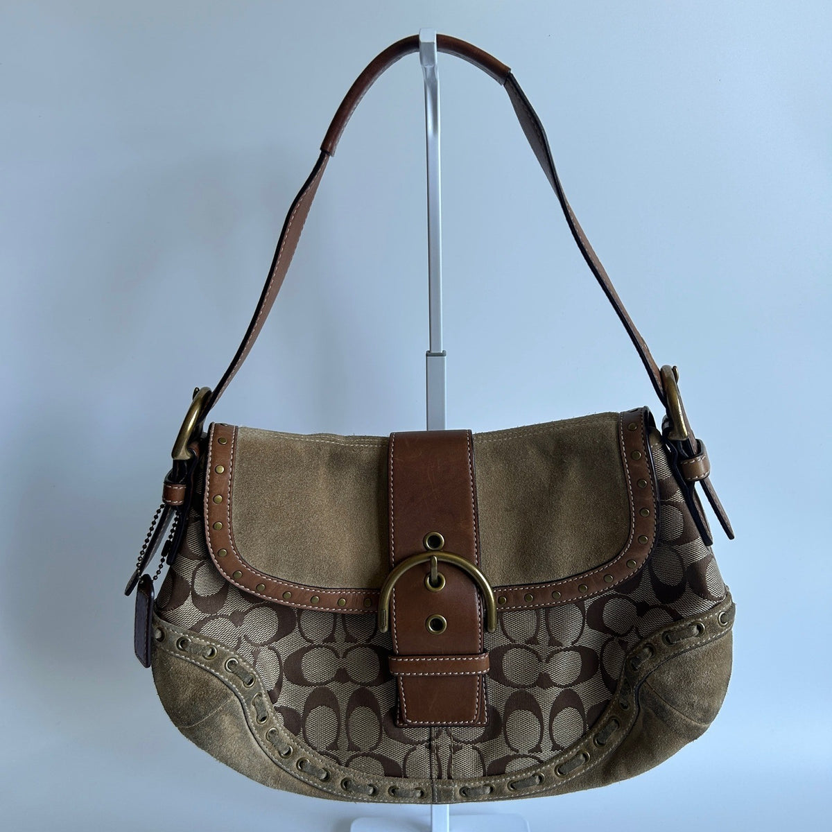 Coach Soho Signature Brown Canvas Suede Buckle Flap Shoulder Bag 9373 Good0