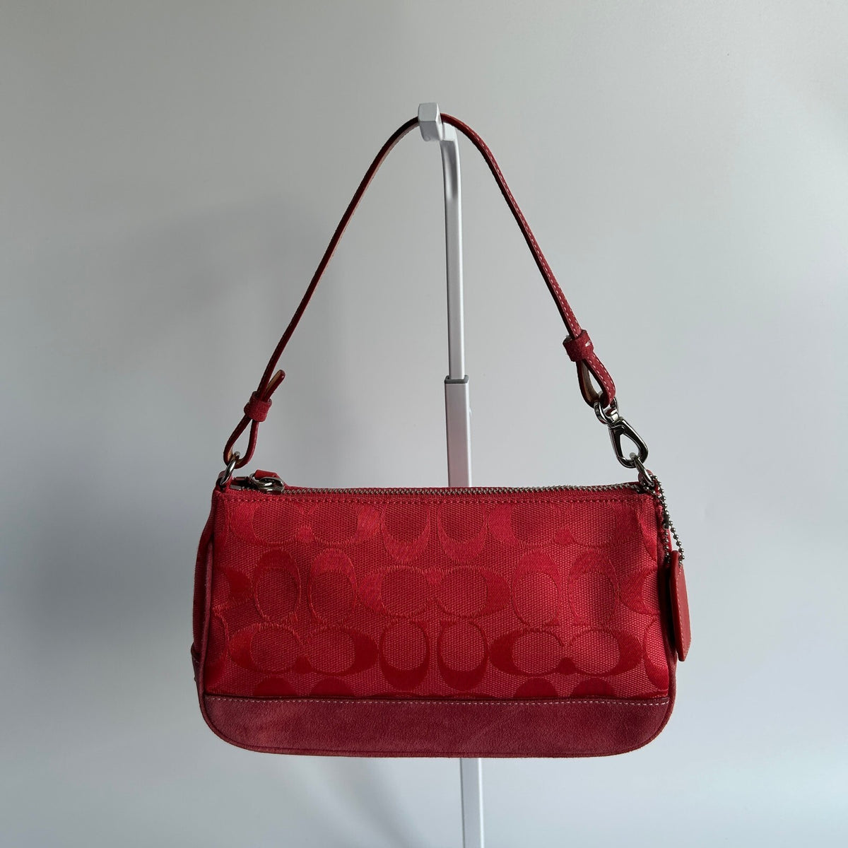 Coach Signature Jacquard Mini Demi Pouch Shoulder Bag Red Canvas Suede Trim 60940