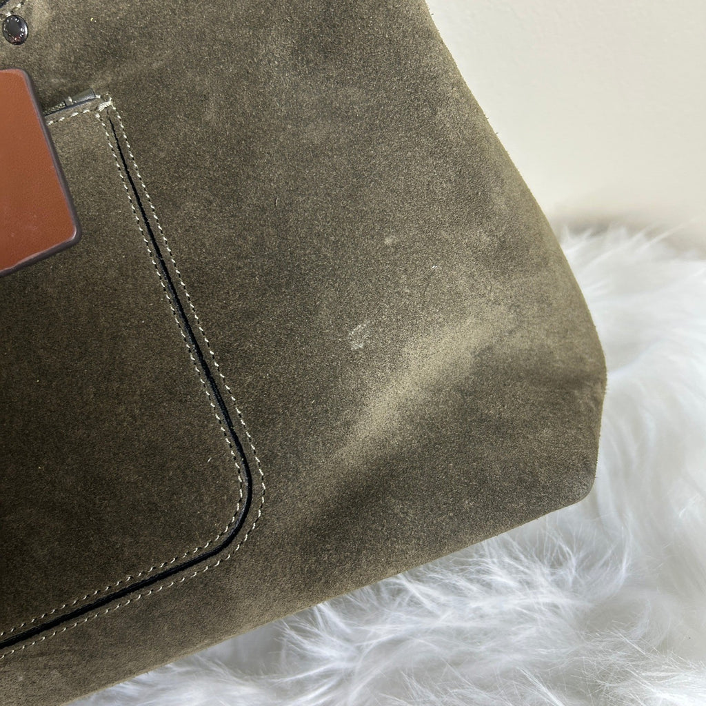 Coach Station Tote CCC77 Olive Green Suede Leather Shoulder Bag Good4
