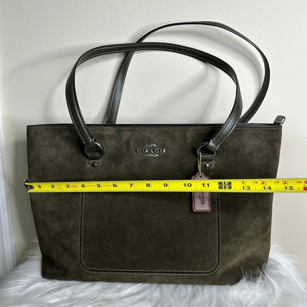 Coach Station Tote CCC77 Olive Green Suede Leather Shoulder Bag Good7