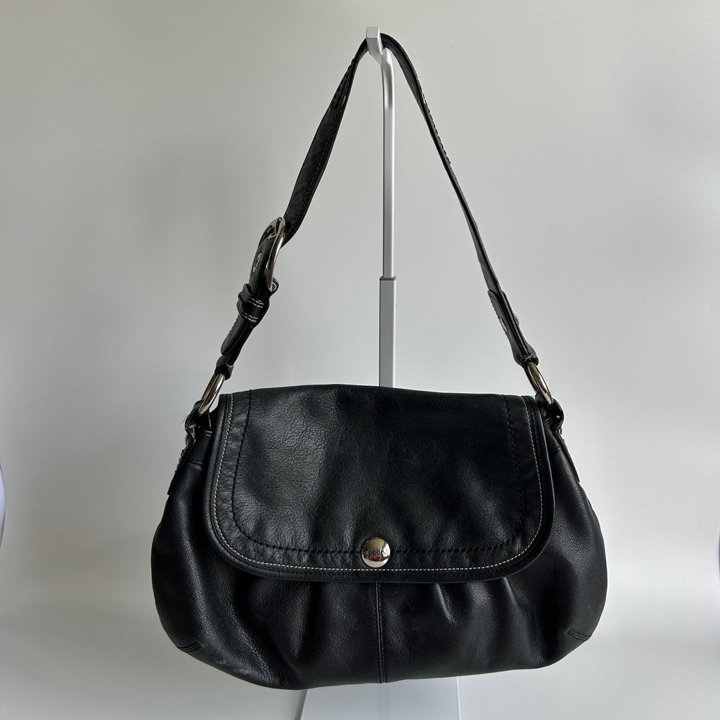 Coach Soho Pleated Flap Black Pebbled Leather Shoulder Bag Good0