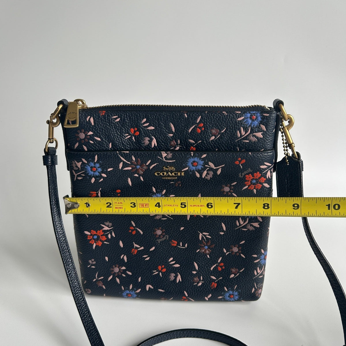 Coach Kitt Messenger Wildflower Navy Pebbled Leather Crossbody Bag Excellent8