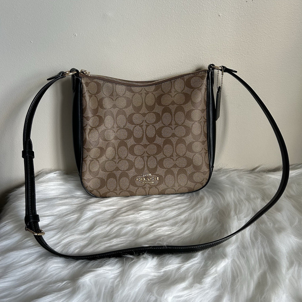 Coach File Bag Khaki Black Signature Canvas Leather Crossbody Excellent1