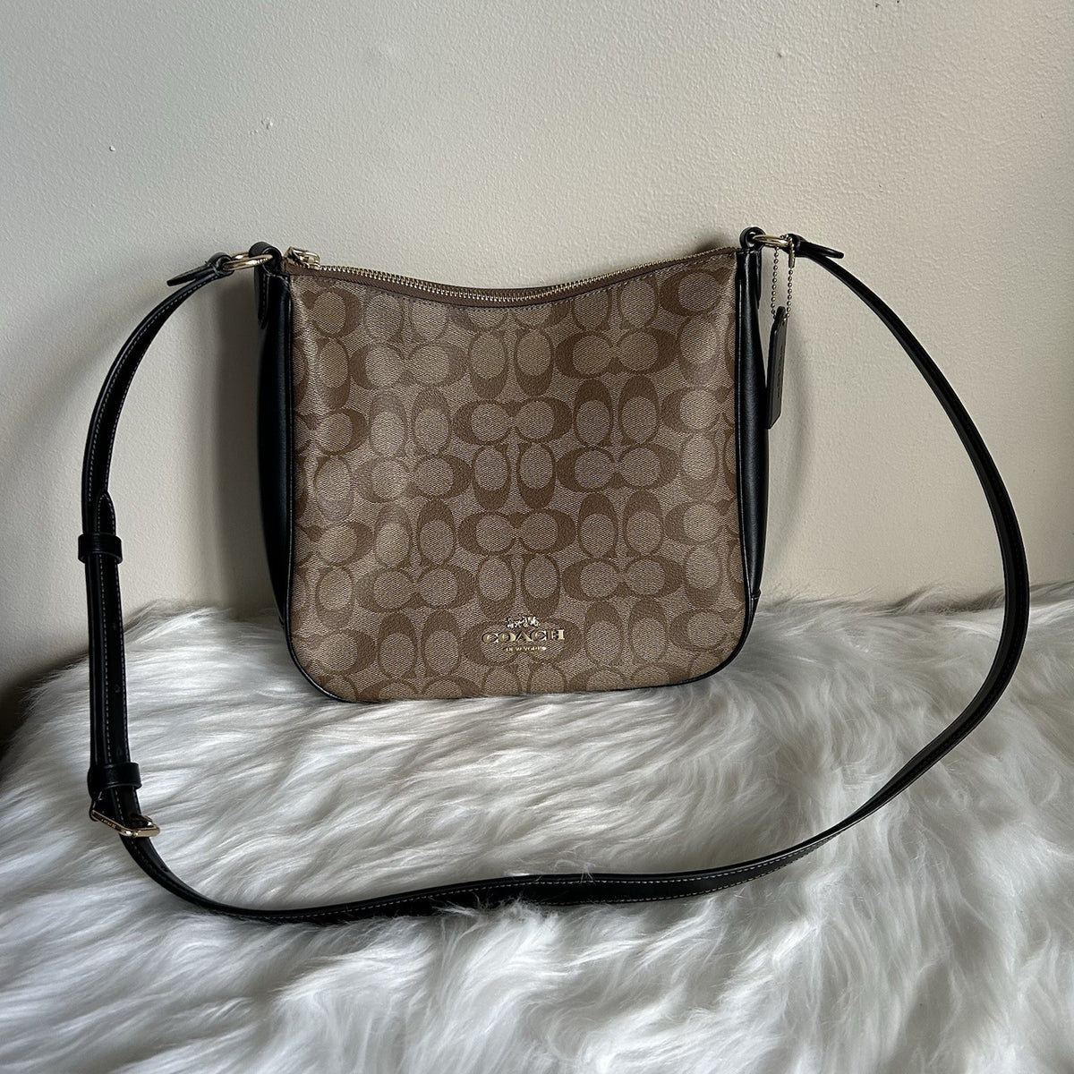 Coach File Bag Khaki Black Signature Canvas Leather Crossbody Excellent1