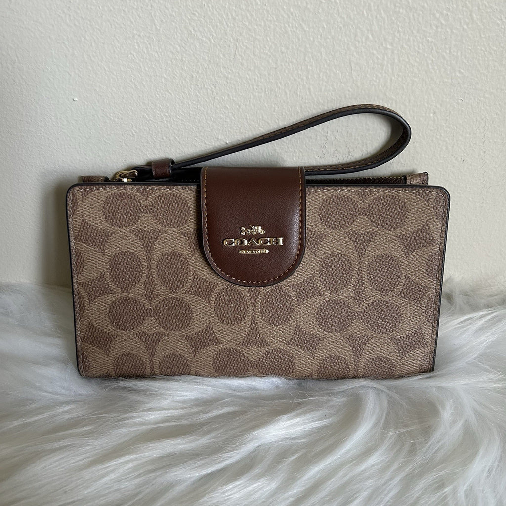 Coach Wynne Tan Rust Signature Coated Canvas Wristlet Wallet Excellent0