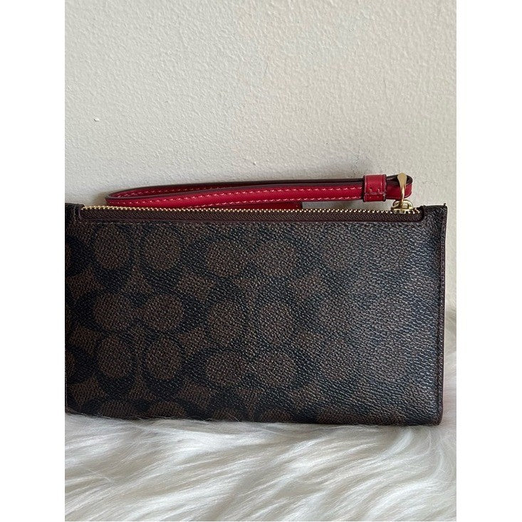 Coach Phone Wallet Brown Red Signature Canvas Leather Wristlet Excellent1