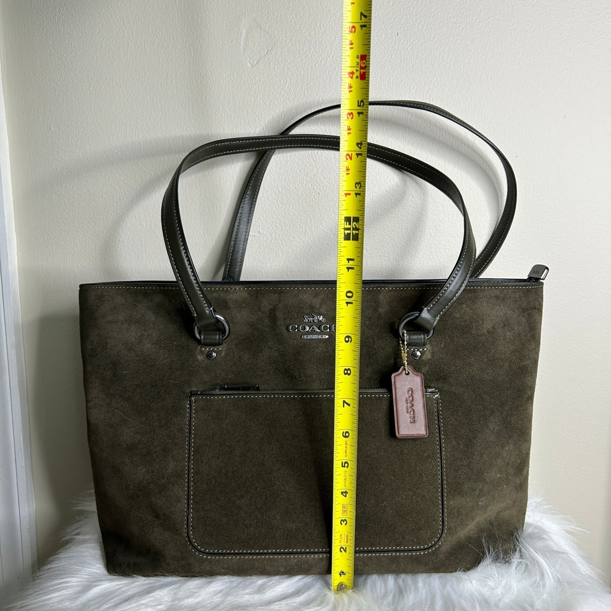 Coach Station Tote CCC77 Olive Green Suede Leather Shoulder Bag Good8