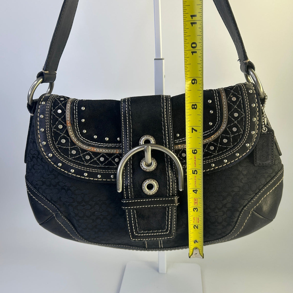 Coach Soho Studded Signature Flap Hobo Black Canvas Leather Bag F11517 Good9