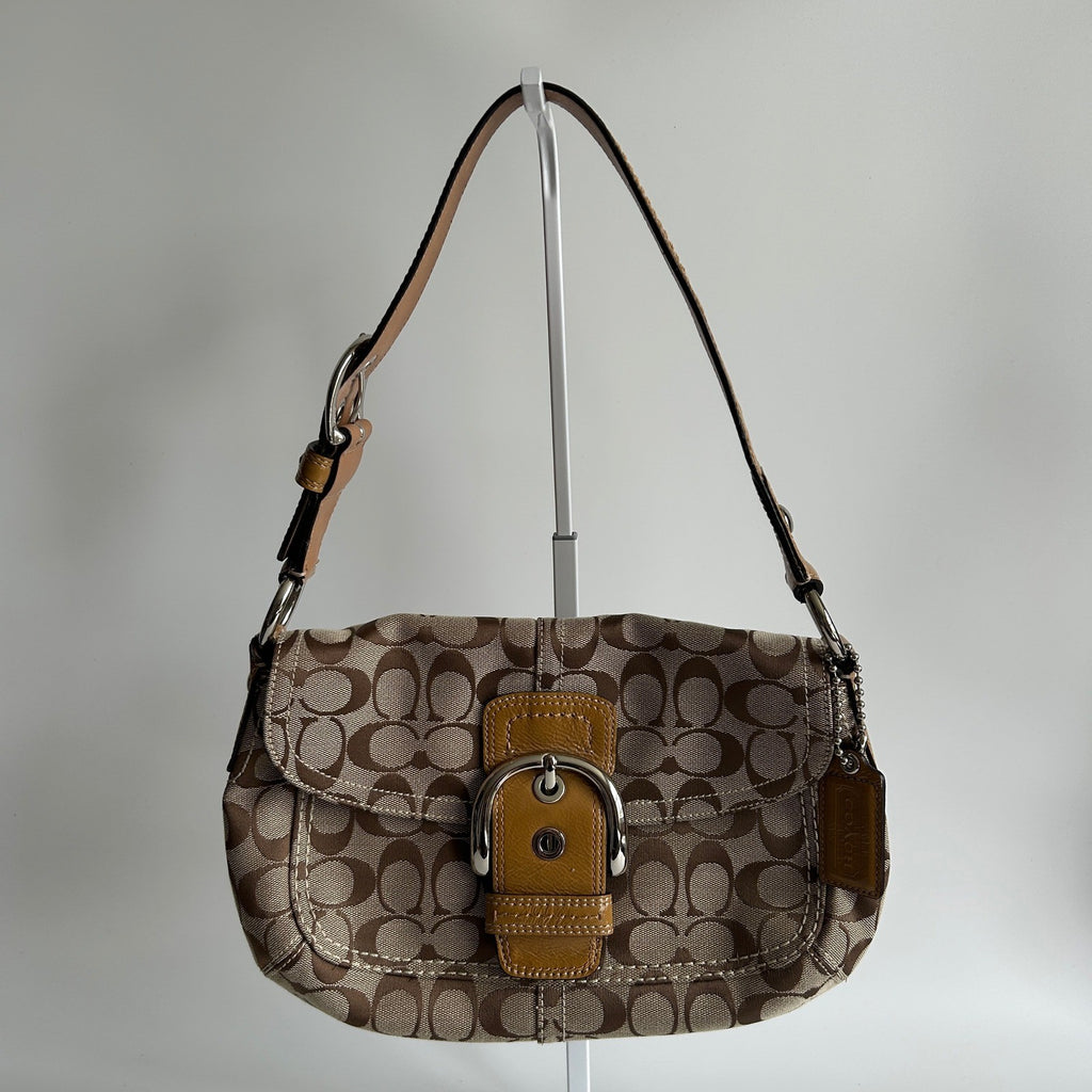 Coach Soho Signature Khaki Brown Canvas Leather Shoulder Bag Excellent0
