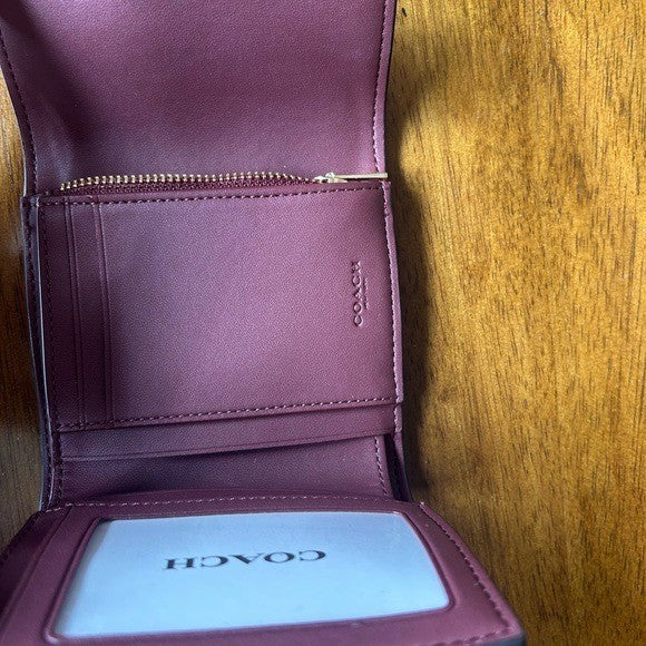 Coach Small Trifold Wallet Red Brown Signature Canvas Leather Excellent2
