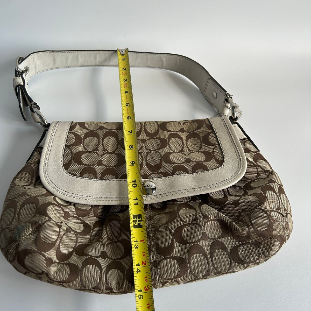 Coach Soho Signature Flap Shoulder Bag Khaki Canvas White Leather Trim9