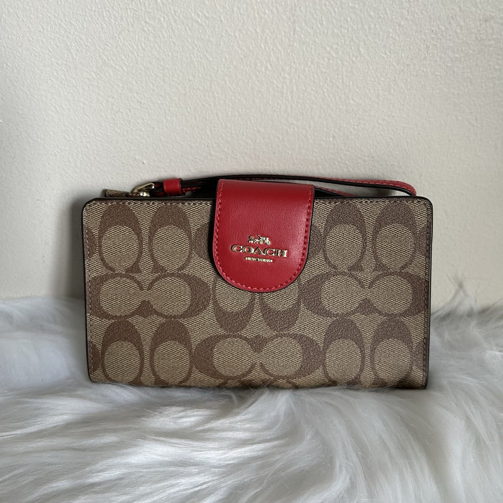 Coach Signature Canvas Red Leather Wristlet Wallet Excellent0