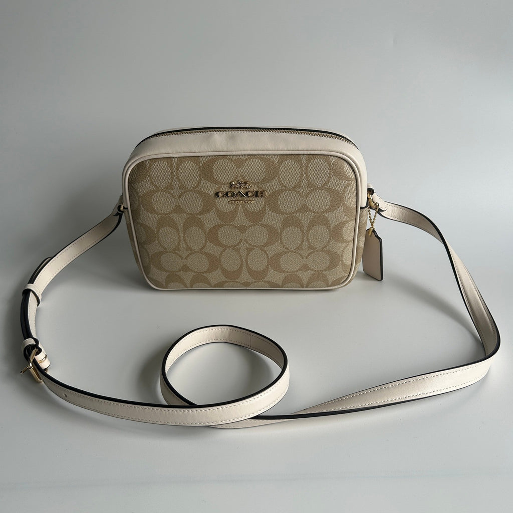 Coach Jamie Chalk White Signature Canvas Leather Camera Bag Good1