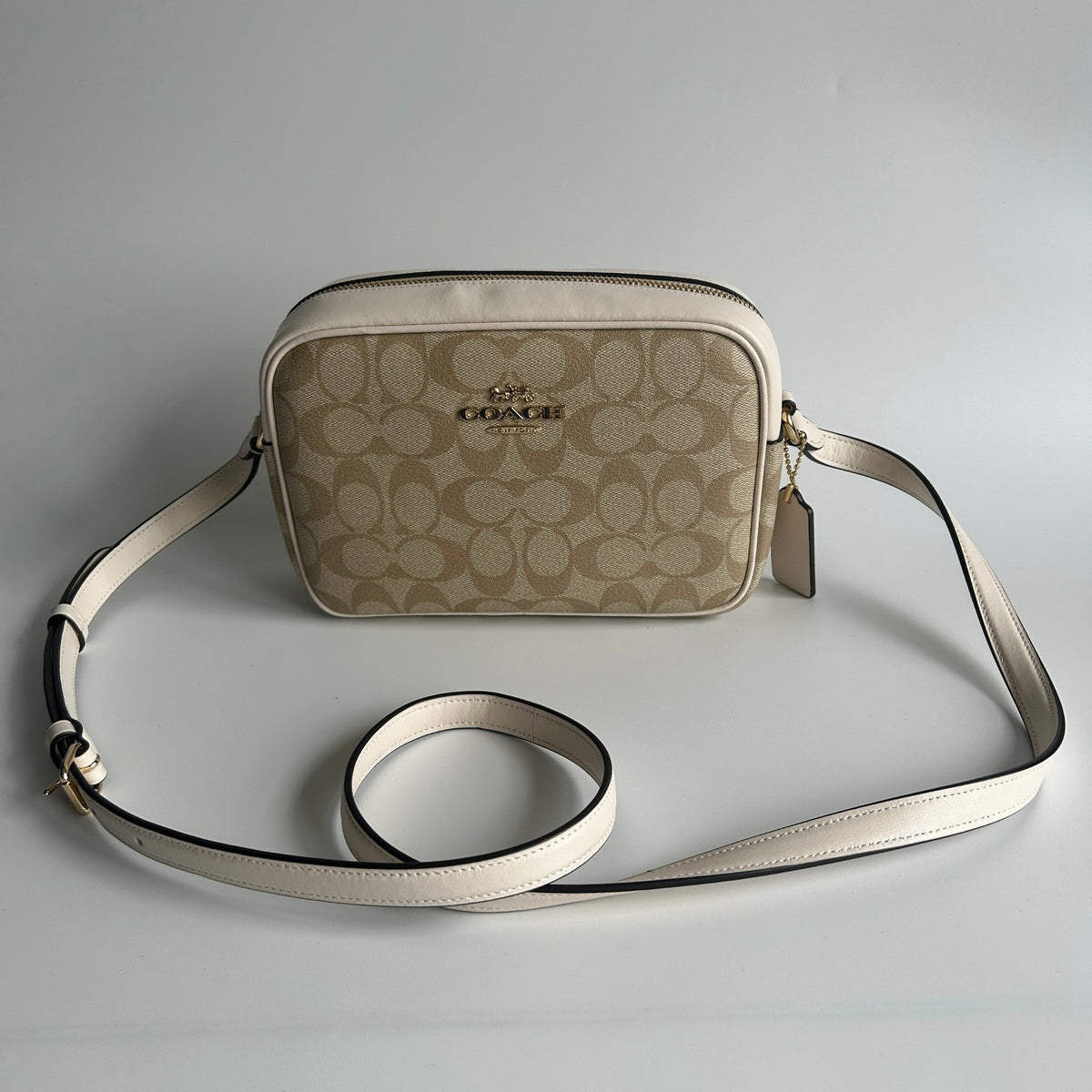 Coach Jamie Chalk White Signature Canvas Leather Camera Bag Good1