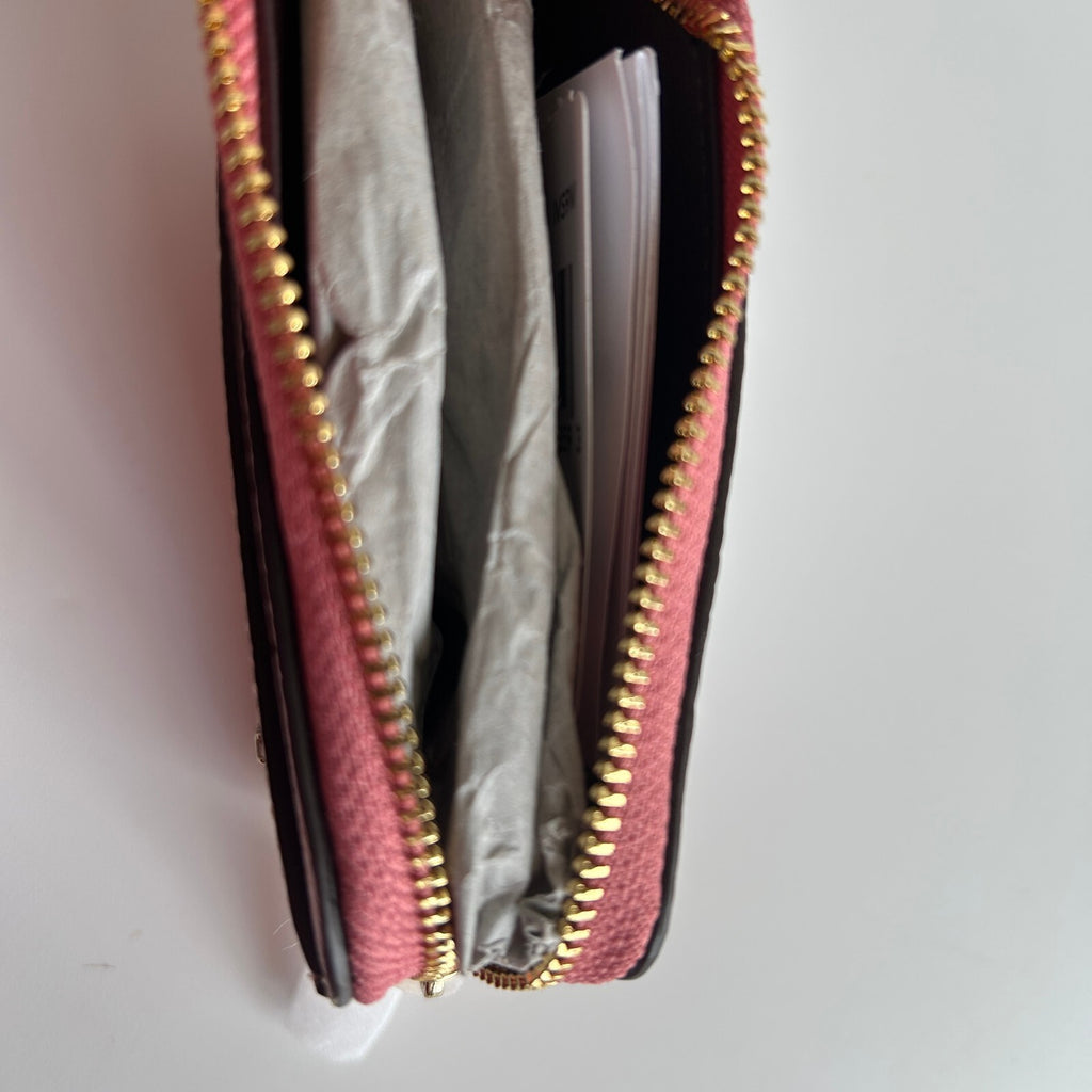 Coach Zip Card Case Peony Pink Pebbled Leather Wallet Gold Chain Strap NWT2