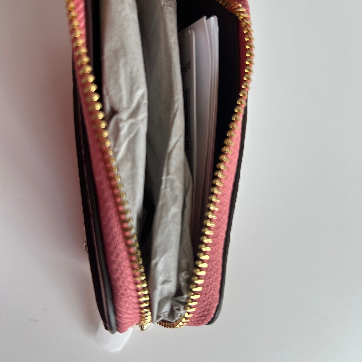 Coach Zip Card Case Peony Pink Pebbled Leather Wallet Gold Chain Strap NWT2