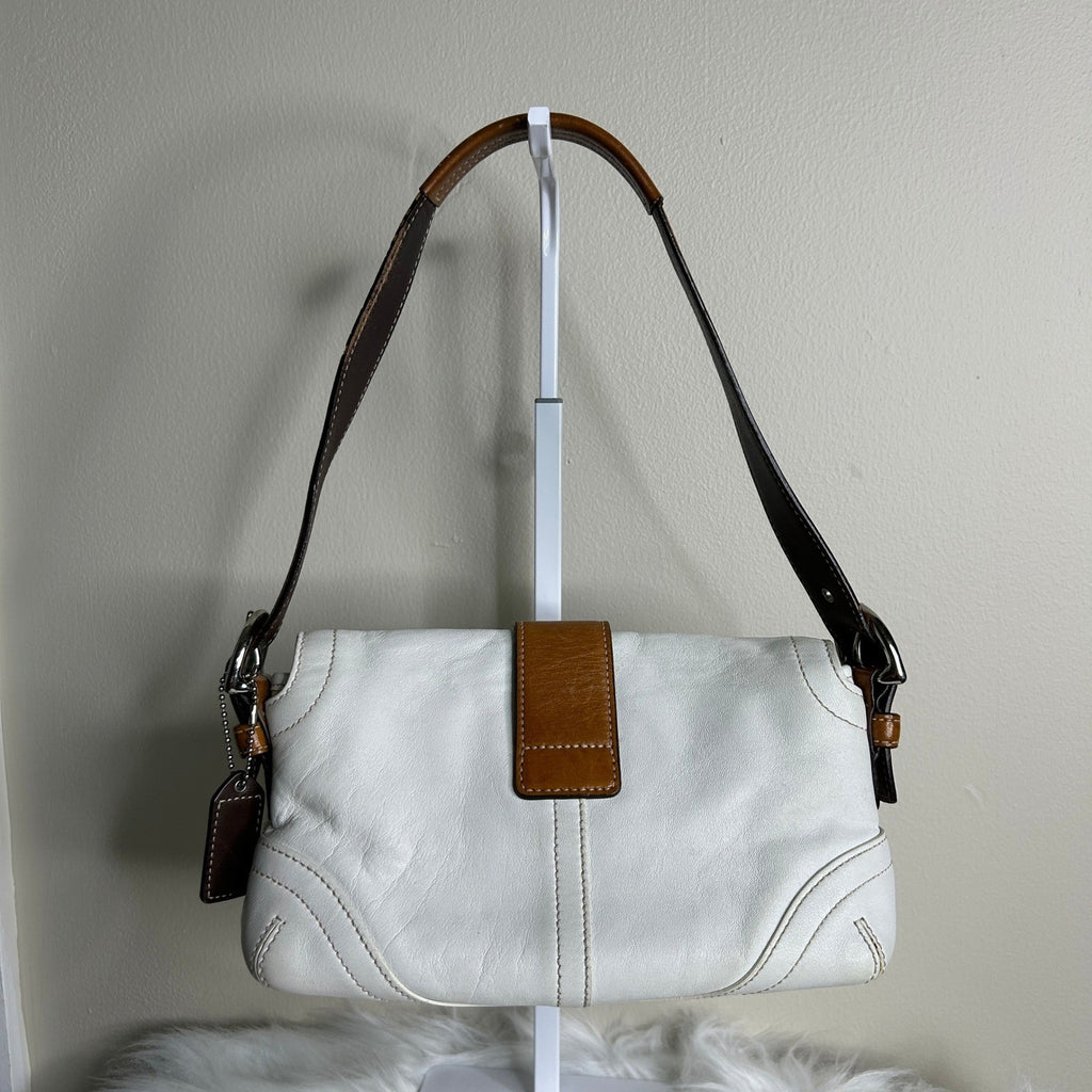 Coach Soho Buckle Flap White Tan Leather Shoulder Bag GOOD1