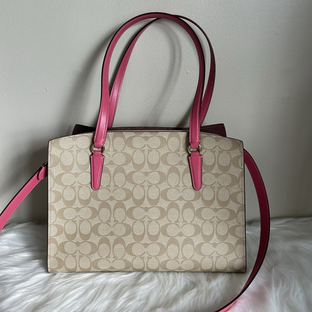 Coach Tatum Carryall 28 Khaki Pink Signature Canvas Leather Bag Excellent2