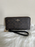 Coach Zip Around Wallet Brown Black Signature Canvas Wristlet Excellent0
