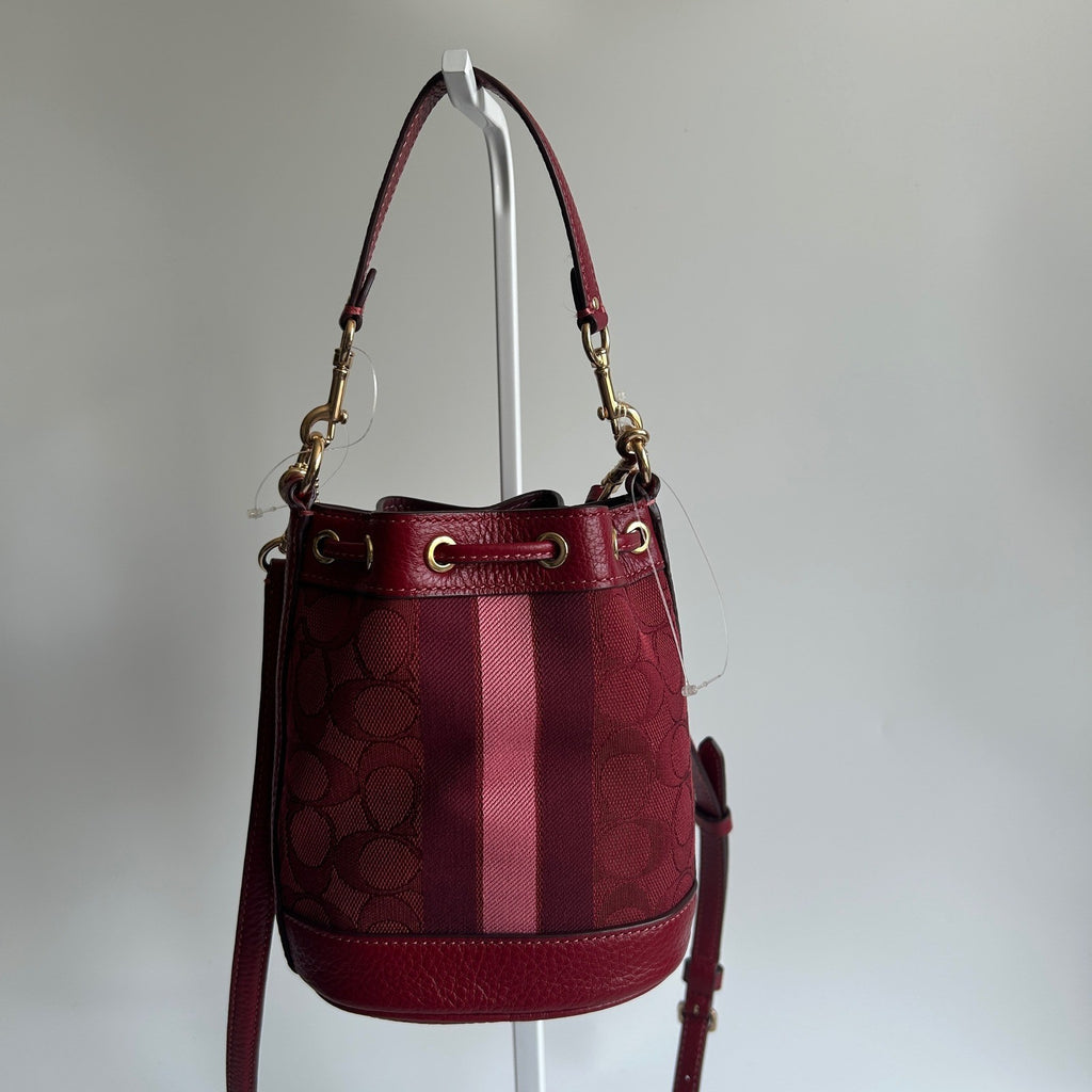 Coach Dempsey 15 Apple Red Jacquard Leather Bucket Bag Excellent1