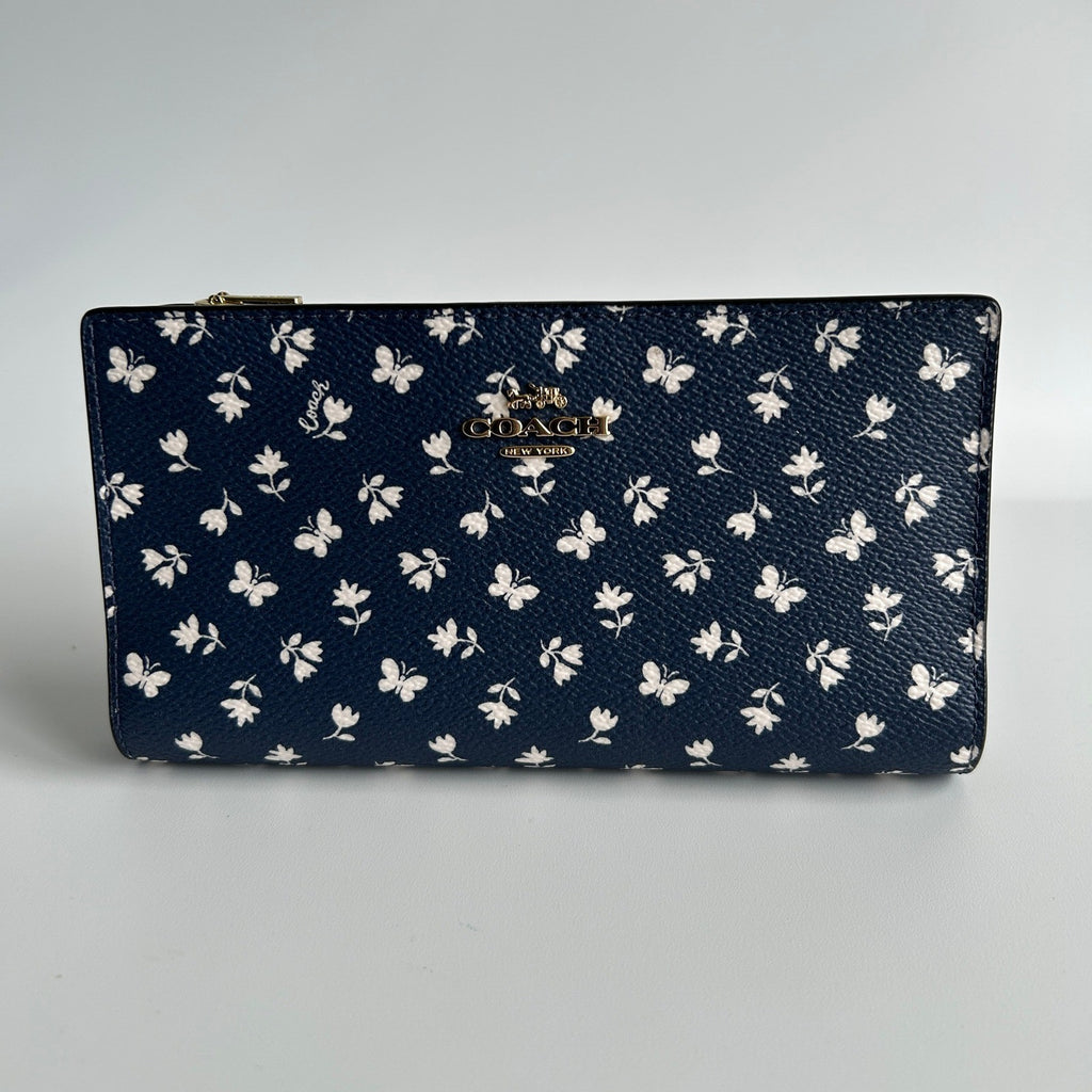 Coach Slim Zip Wallet Deep Blue Floral Butterfly Leather CB024 NWT0