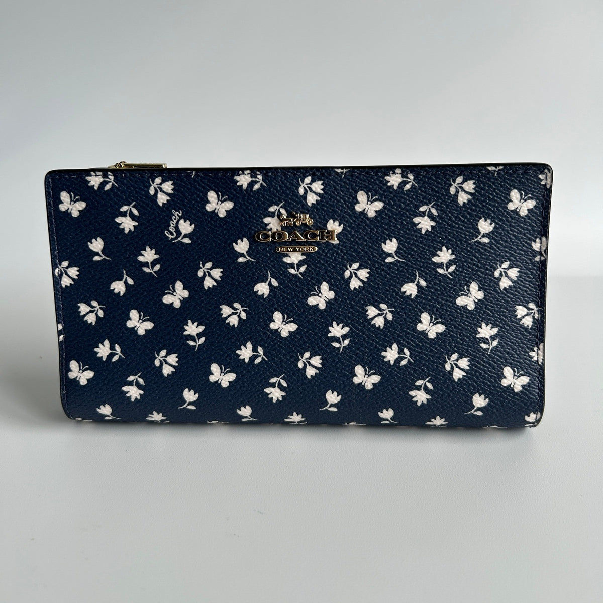 Coach Slim Zip Wallet Deep Blue Floral Butterfly Leather CB024 NWT0