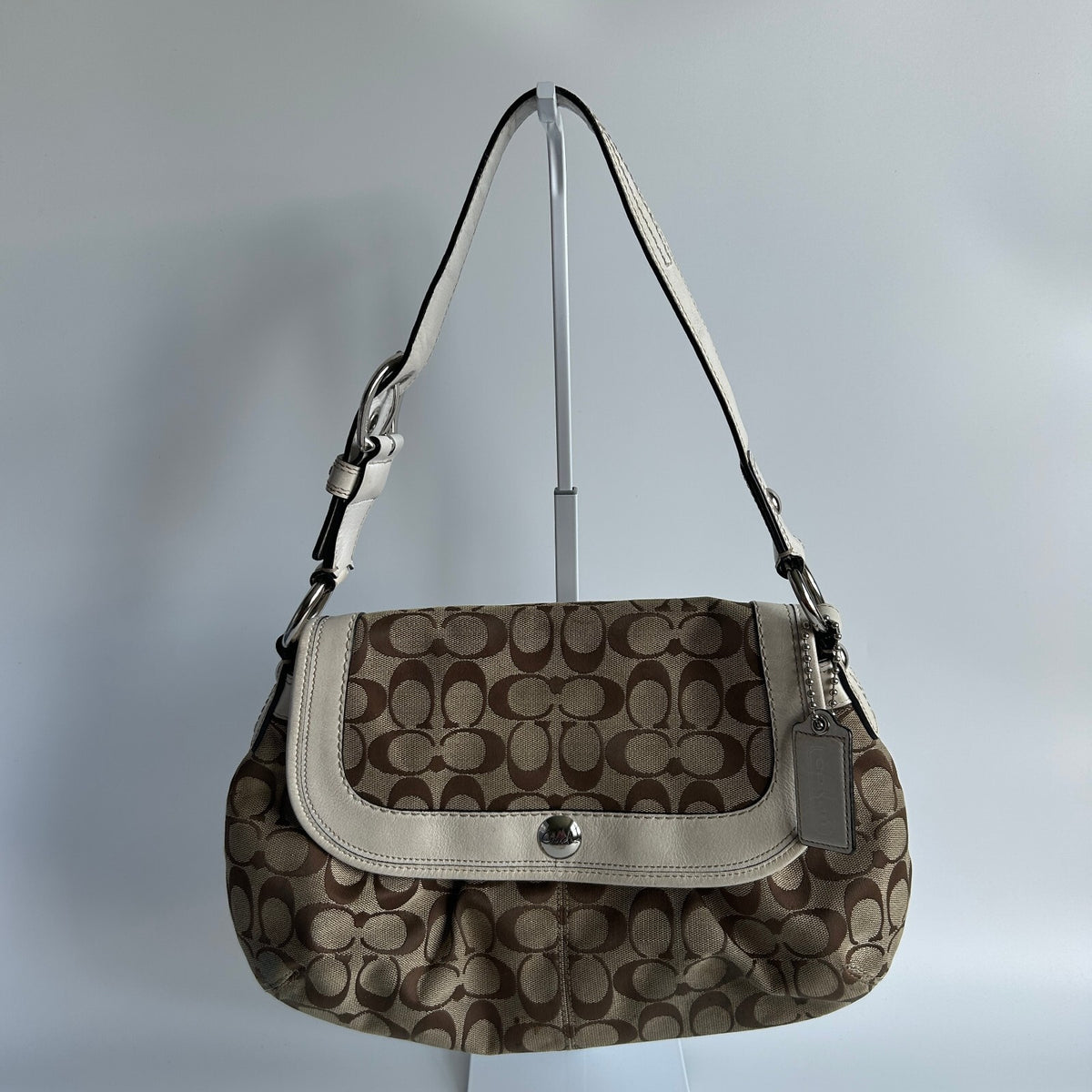 Coach Soho Signature Flap Shoulder Bag Khaki Canvas White Leather Trim0