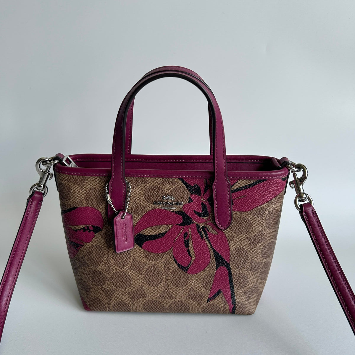 Coach City Mini Tote Brown Pink Bow Signature Canvas Leather Bag Good0