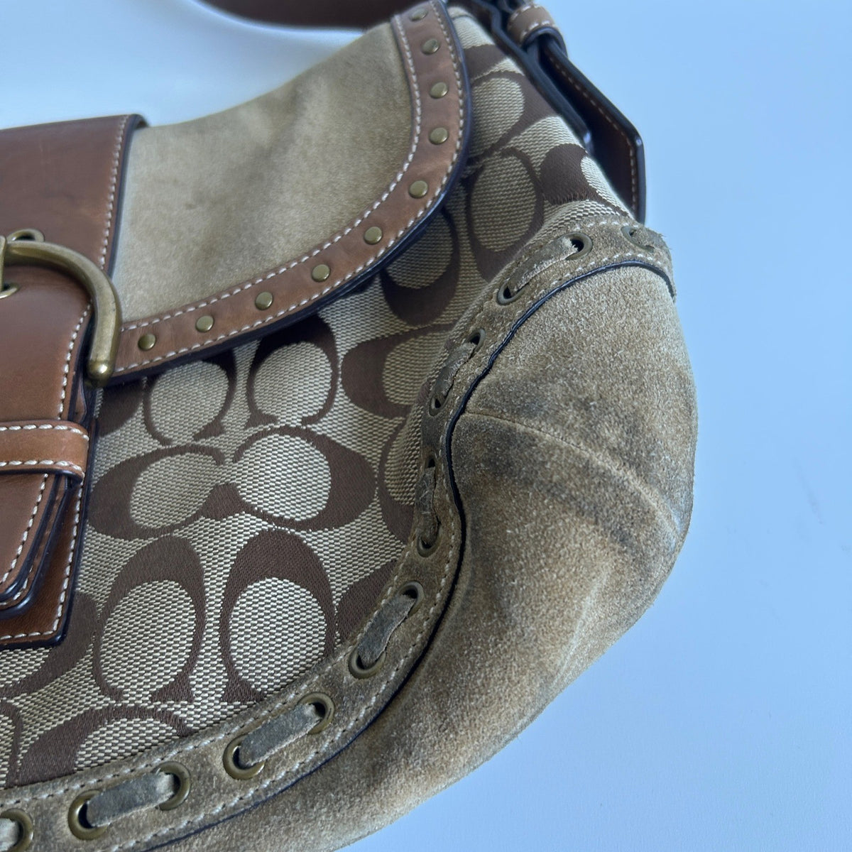 Coach Soho Signature Brown Canvas Suede Buckle Flap Shoulder Bag 9373 Good3
