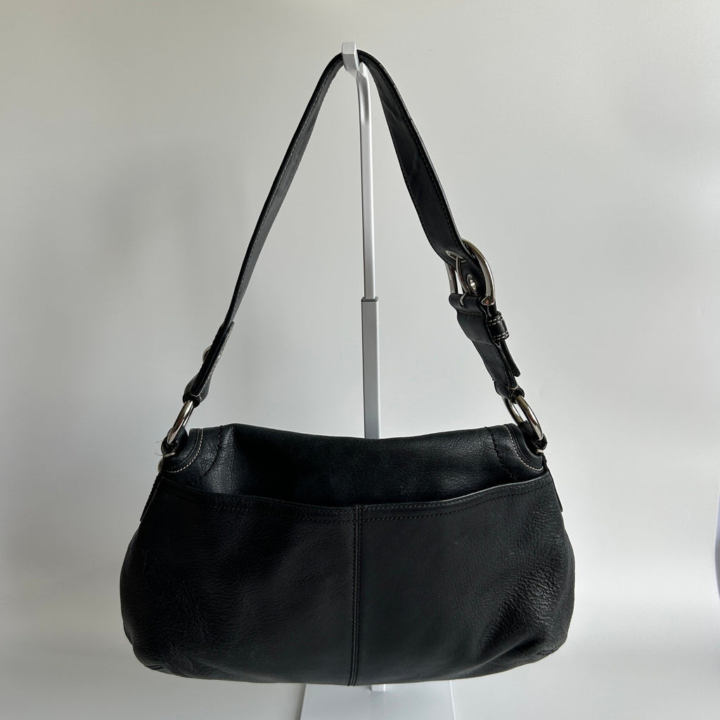 Coach Soho Pleated Flap Black Pebbled Leather Shoulder Bag Good1