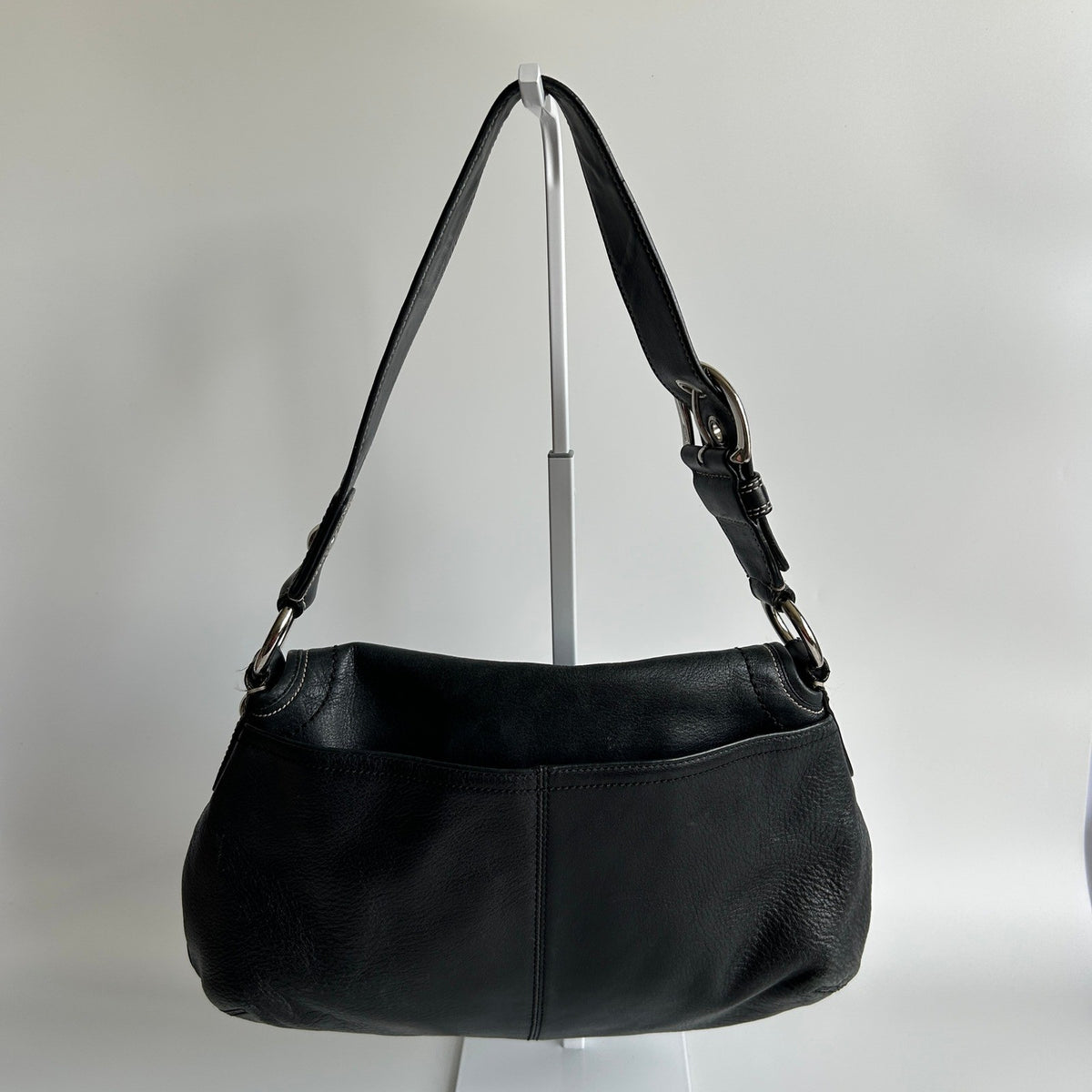 Coach Soho Pleated Flap Black Pebbled Leather Shoulder Bag Good1
