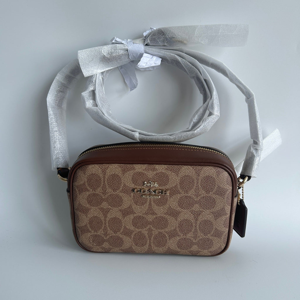 Coach Mini Jamie Tan Brown Signature Canvas Leather Camera Bag NEW0