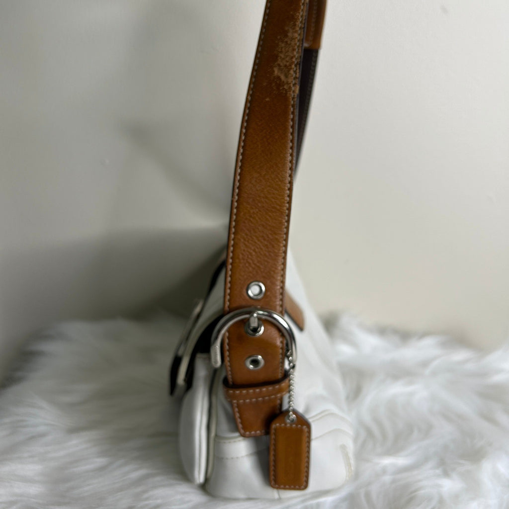 Coach Soho Buckle Flap White Tan Leather Shoulder Bag GOOD2