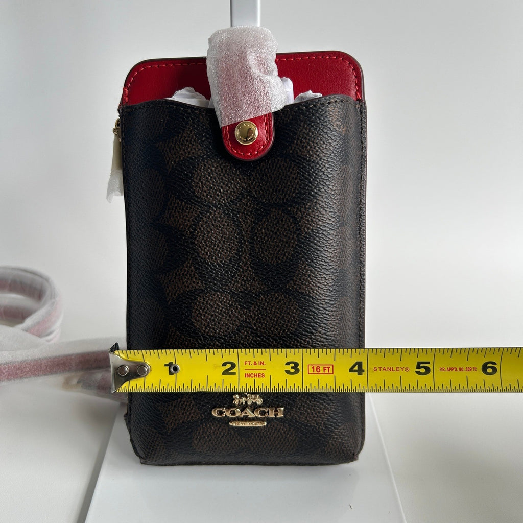 Coach North South Phone Crossbody Walnut Red Signature Canvas C68846