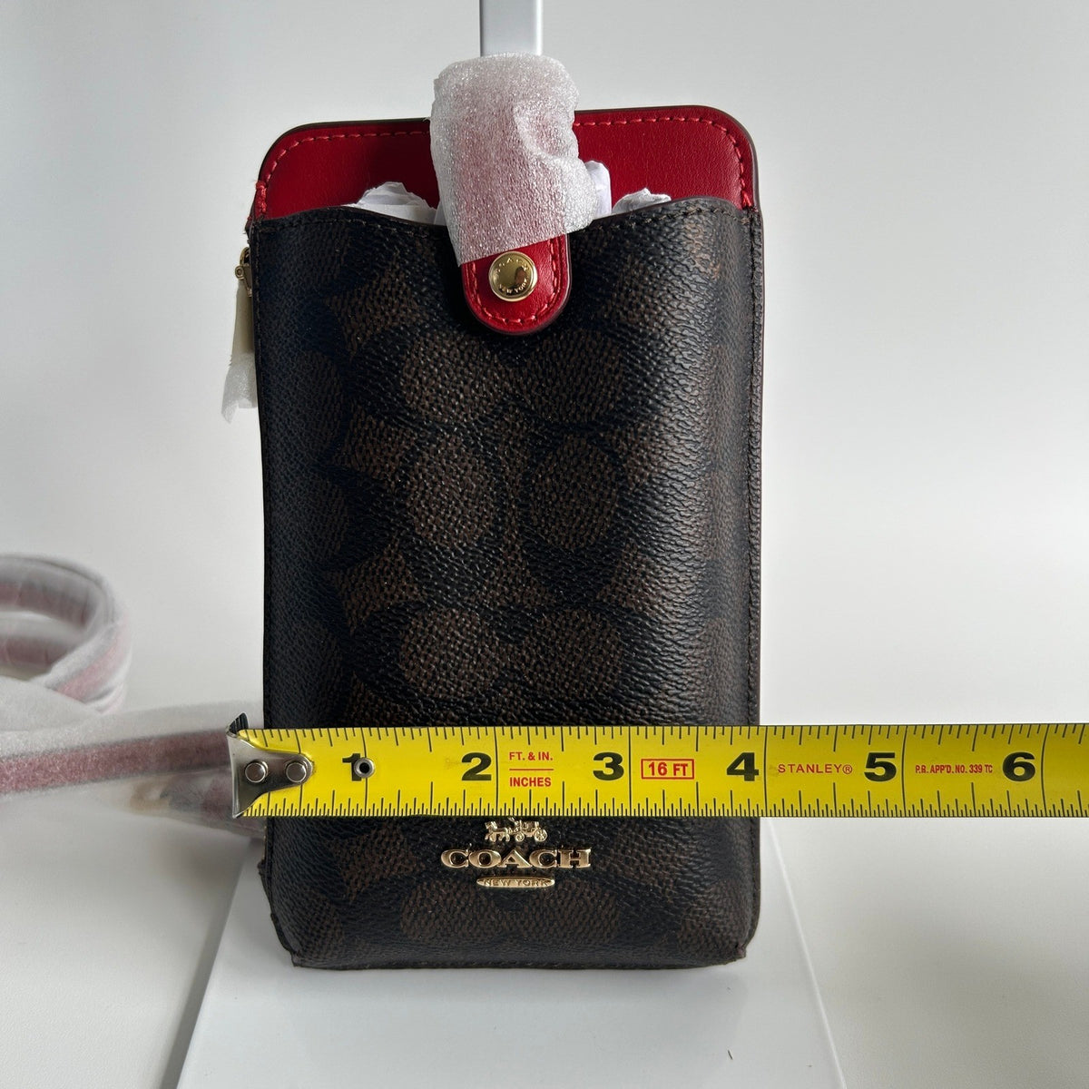 Coach North South Phone Crossbody Walnut Red Signature Canvas C68846