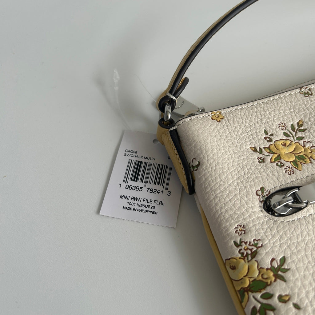 Coach Mini Rowan File Bag Chalk White Floral Pebbled Leather Crossbody NWT4