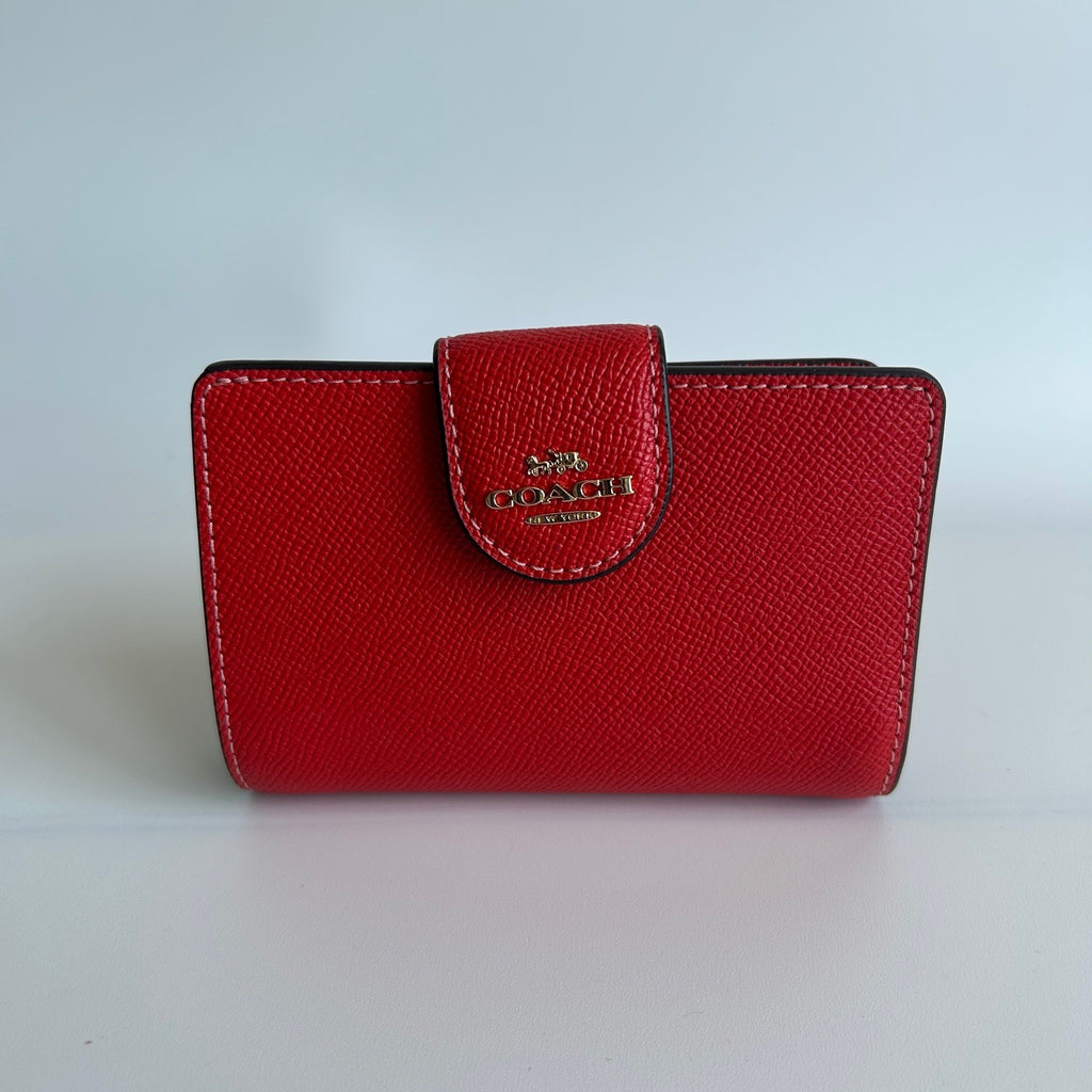 Coach Medium Corner Zip Miami Red Crossgrain Leather Wallet NEW0