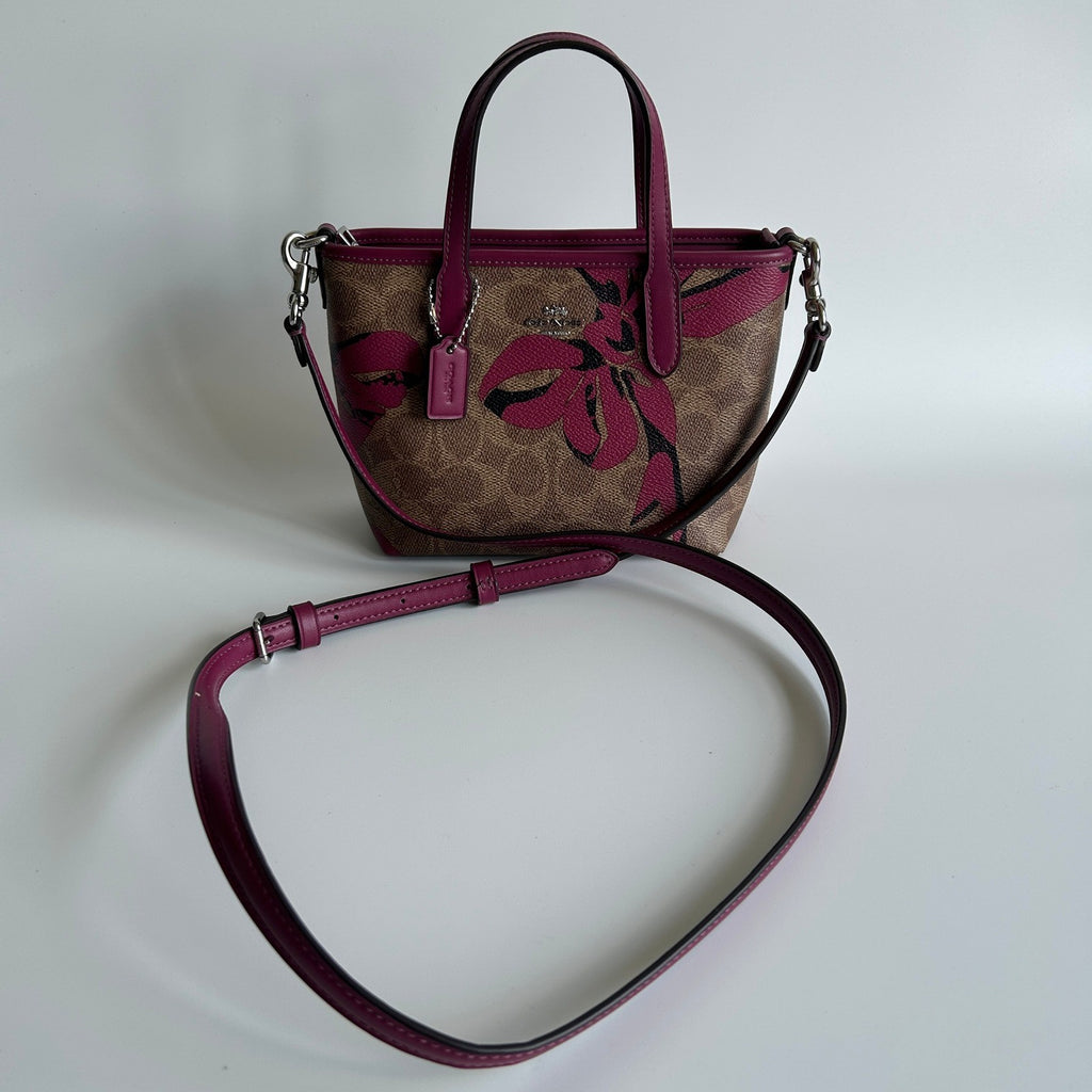 Coach City Mini Tote Brown Pink Bow Signature Canvas Leather Bag Good1
