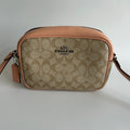 Coach Jamie Camera Bag Khaki Peach Signature Canvas Leather Crossbody Excellent0